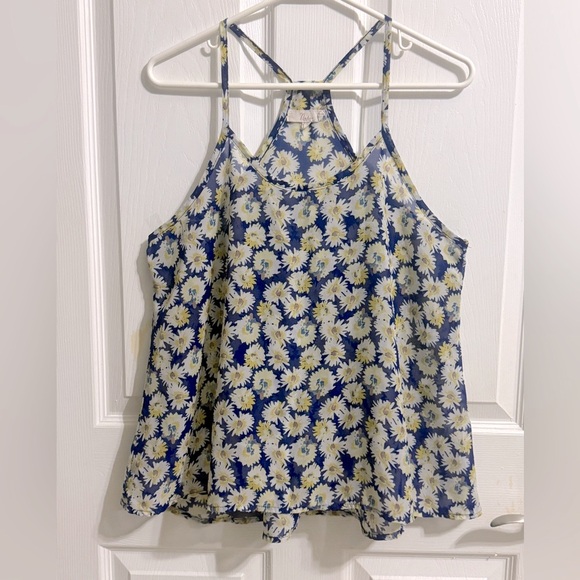 Blue & Gold Floral Sheer Sleeveless Camisole Top- Size Large - Picture 1 of 2